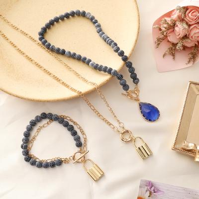 China Europe and America customized natural stone lock bracelet set natural stone necklace and bracelet necklace set for sale