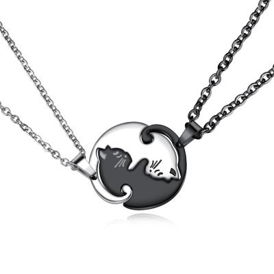 China Splicing Couples Necklace Lovely Cute Cat Hugging Titanium Steel Pendant Necklace for sale