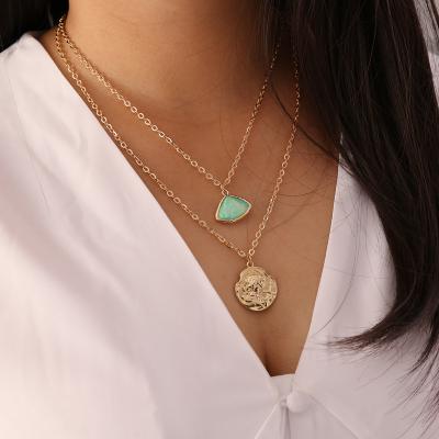 China Europe and America women's metal creative stone geometric coin necklace portrait main necklace for sale