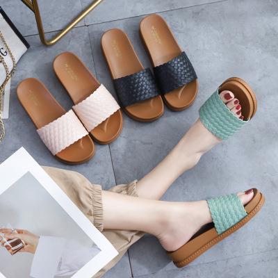 China JSH012 Summer Fashion Trend Good Quality Sandal Beach Slippers PVC Woven Custom Lady Flat Shoes for sale