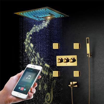 China With Slide Bar Gold Titanium Ceiling Mount Hot And Cold Water Music Bathroom Rain LED Shower Systems Set for sale