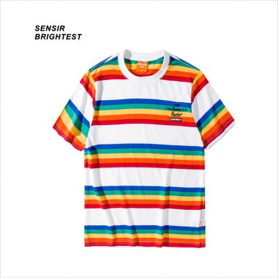 China Anti-Wrinkle Sensir Summer Hip Hop Men New Fashion Brand Stripe Tee Shorts Sleeve Loose Fashion Plain 100% Cotton Oversized Tees for sale