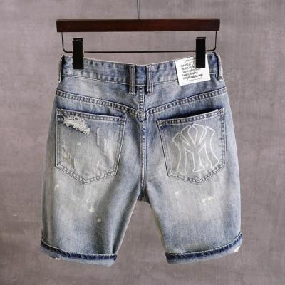 China Straight Mens Denim Shorts Streetwear Jeans Shorts Denim With Holes Washed Ragged Patch Denim Shorts Mens for sale