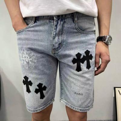 China Sustainable Mens Denim Shorts Streetwear Jeans With Holes Washed Ripped Jeans Summer Ripped Mens Denim Patch Shorts for sale