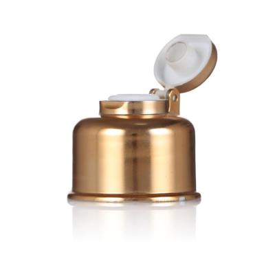 China Wholesale Non Spill UV Shape Aluminum Shiny Silver Plastic Flip Bell Bottle Cosmetics Gold Top Cap Lid for sale