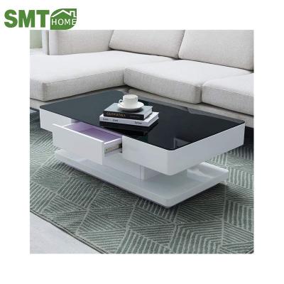 China Wooden White And Black High Gloss Coffee Table With 2 Drawers Storage 8mm Tempered Glass Table For Living Room Furniture Reception Waiting for sale