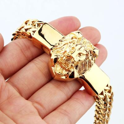 China Newest Hiphop 18K Gold Titanium Steel Link Bracelet Lion Head Bracelet Jewelry For Men Chunky Cuban Link Double Chain Bracelet for sale