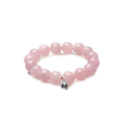 China Romantic Women Lotus Natural Gemstone Bracelet, 12mm Rose Quartz Stretch Pink Bracelet, 925 Silver Flower Pendant for sale