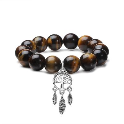 China Men's Gothic Revival Tree Of Life Gemstone 14mm Silver Dream Catcher Pendant Tiger Eye Beaded Stretch Bracelet 925 Natural Yellow Bracelet for sale