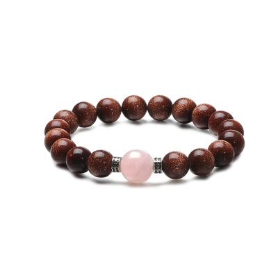 China Romantic Women's Natural Brown Gemstone Bracelet 10 Mm Stretch Gold Sandstone Beaded Bracelet 925 Silver Charms Elastic Bracelet for sale