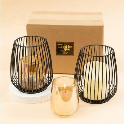 China Fashionable Matte Wire Black Candle Holder Set Decorative Glass 2 Plate Iron Gold Pillar Candle Holder For Wax Candles for sale