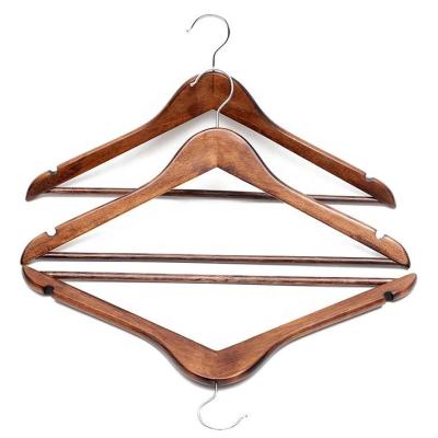 China Luxury Eco-Friendly Natural Color Wooden Coat Hanger with Chromed Metal Swivel Hook and Solid Wood Factory Suit Hanger with Pant Bar Notches for sale