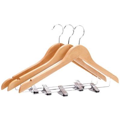 China Eco-friendly Heavy Duty Natural Wood Color Hanger 45cm Solid Wooden Skirt Pant Pant Hangers With Clips for sale