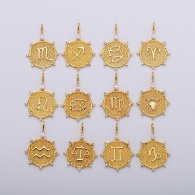 China Lead Free Nickel Free Silver 925 18K Gold Plated 12 Zodiac Pendant Necklaces, Medallion Coin Pendant For Women Gift for sale