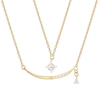 China Nickel Free 925 Sterling Silver 18k Gold Plated CZ Diamond Smile Bar Necklace, Double Layered Necklaces for sale