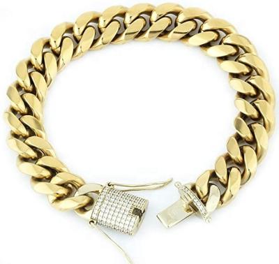 China Hiphop Mens 14K Gold Plated 12mm Miami Cuban Link Chain Stainless Steel Necklace With Iced Out Clasp for sale