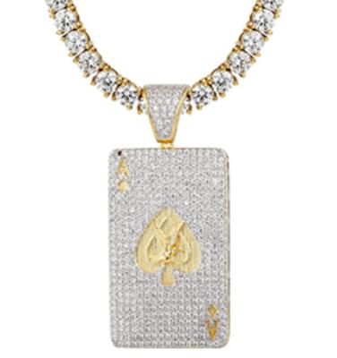 China Hiphop Men's Bling Bing Iced Out Heart Poker Card Pendant 18K Cubic Zircon Pendant Necklaces Gold Plated for sale