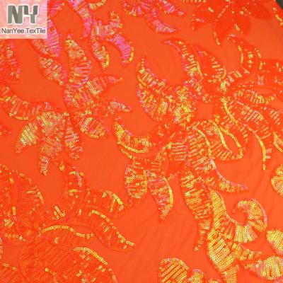 China Nanyee Floral Multicolor Orange Sequin Mesh Fabrics Fluorescent Good Quality Textile Stretch for sale