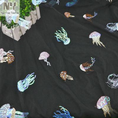 China Nanyee Design Seaworld Animal Jellyfish Mesh Sequin Fabric Shrink-Resistant Textile Embroidery for sale