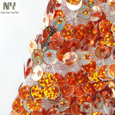 China Nanyee Breathable Neon Orange Hollow Textile 9mm Star Two-Layer Sequin Fabric for sale