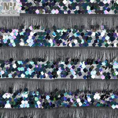 China Nanyee Textile Fluorescent Oil Slick Sequin Square Dangle Tulle with Tassels for sale