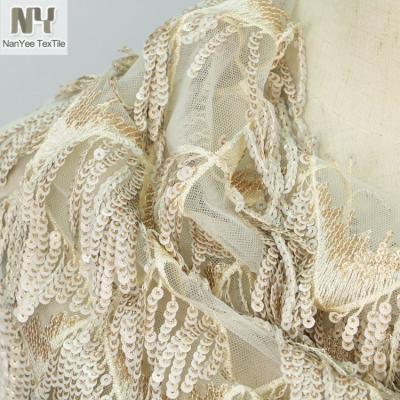 China Nanyee Breathable Textile Color 3+5 Tassels Sequin Fringe Beige Fabric for sale