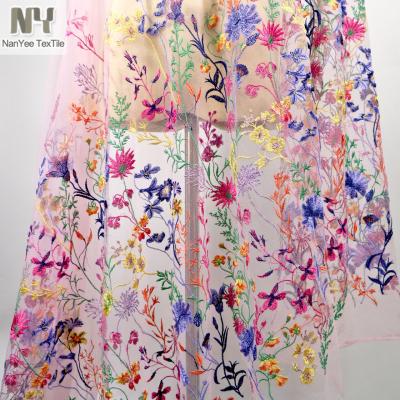 China Nanyee Breathable Textile Multi Colors Rattan Flower Tulle Lace Up Fabric Embroidery for sale