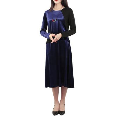 China Women Anti-static Elegant Velvet Navy Blue Porcelain Long Sleeve Casual Dress Manufacturer for sale