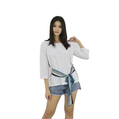 China White And Striped Anti-pilling Anti-pilling Cotton Chiffon Ladies Print Round Neck T-shirt With Belt for sale