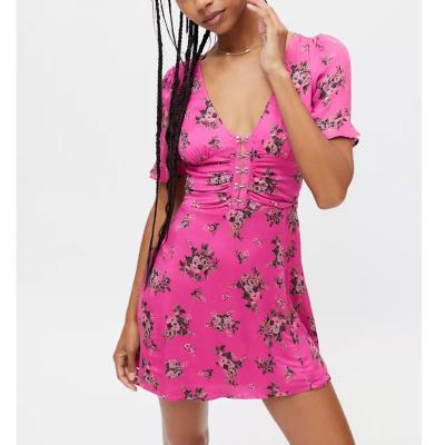 China 2022 Spring Summer Washable Hot Pink Dress Crochet And Eye Floral Print Mini Dress for sale