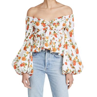 China Anti Shrink Ruffle Peplum Puff Twisted Long Sleeve Off The Shoulder Floral Lady's Tops for sale