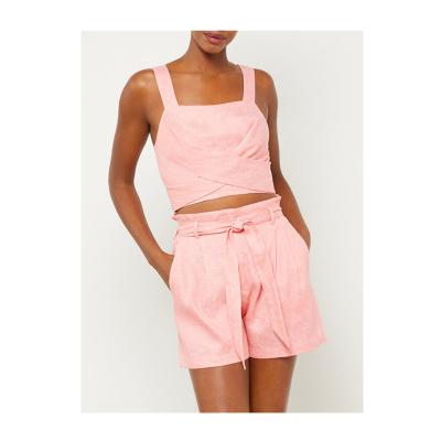 China Women Clothing Breathable Two Piece Canvas Set High Waist Front Pockets Belted Ruffle Shorts for sale