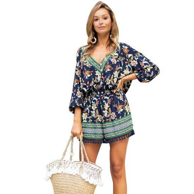 China Others Wholesale New In-Stock Women Summer Romper Floral Print V-Neckline Three Quarter Sleeve Tassel Beach Romper for sale