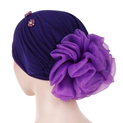 China Formal All Season Women Bead Flower Head Cap Muslim Chemo Hat Hijab Hair Loss Cancer Head Turban Wrap for sale