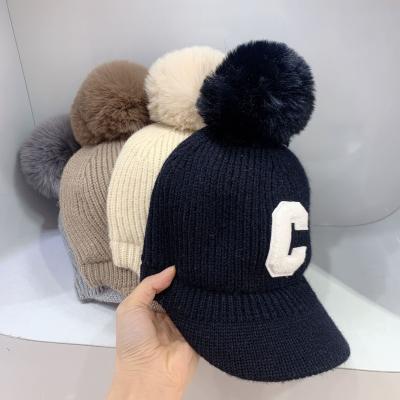 China Large Brim Fedora Knit Hat Baby Pom Pom Hat High Quality Unisex Striped Rabbit Fur for sale