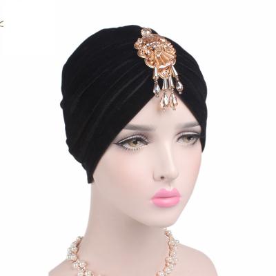 China New Fashion Crystal Pendant Warm Hair Wrap Multifunctional Velvet Hat Muslim Turban Hats For Women for sale