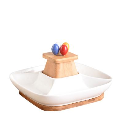 China Decorative White Ceramic Dish and Bowl Appetizer Serving Tray Tray Set with Food Picks and Wooden Stand for sale