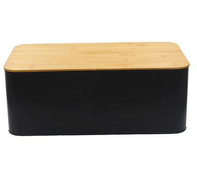 China Modern Black 2-in-1 Storage Bread Box With Cutting Board Bamboo Lid Saving Bread Bin for sale