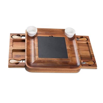 China Sustainable Acacia Cheese Board and Knife Set Charcuterie Board Cheese Tray with Slide-out Drawer for Wine, Cheese, Meat for sale