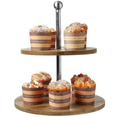 China Sustainable Stainless Steel 2-Tier Bamboo Cupcake Stand Round Dish Tray For Wedding Decoration, Birthday Parties, Centerpiece Celebrations for sale