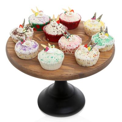 China Viable 12 inch round wooden cake and dessert pedestal display stand with black base for sale