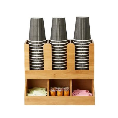 China 6 Compartment Sustainable Bamboo Coffee Breakroom Condiment and Cup Storage Upright Organizers for sale