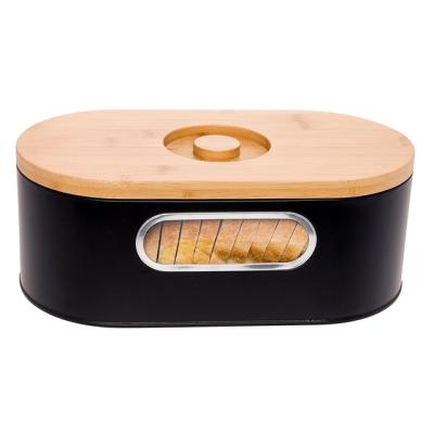 China Sustainable Black Modern 2-in-1 Bread Box With Cutting Board Bamboo Lid Saving Bread Bin for sale