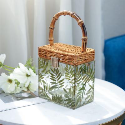 China Lady 2021 Summer New Handmade Leaf Luxury Bamboo Handbags Ladies Bag Transparent Acrylic Box Women Handbags for sale