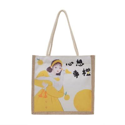 China Cheap Custom Small Fashion Rope Handle Logo Handbags Cheap Custom Girl Student Cartoon Cute Jute Tote Bag for sale