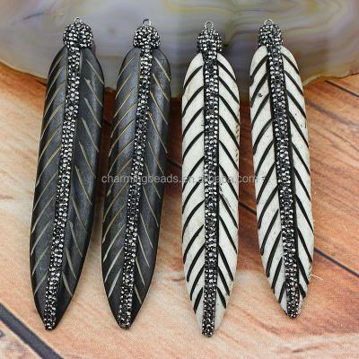 China CH-LSP0284 Bone Ox Bone Carving Diamond Pave Feather Pendant, Crystal Pave Carved Bone Feather Pendant, Ox Bone Charm Jewelry for sale