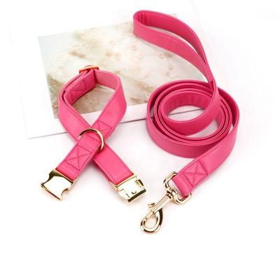 China 2021 New Design Vegan Leather Padded Dog Collar And Leash Set Pink for sale