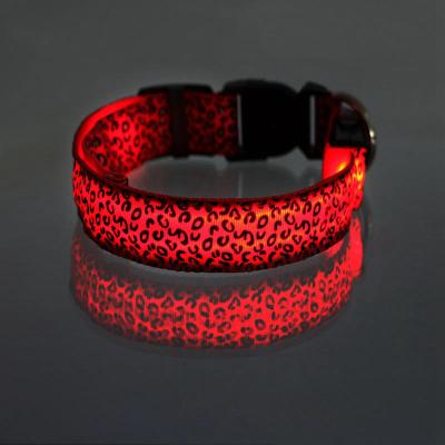 China Personalized Nylon Leopard Printing Luminous Collar Dog Night Collar Dog LED Fluorescent Collar for sale