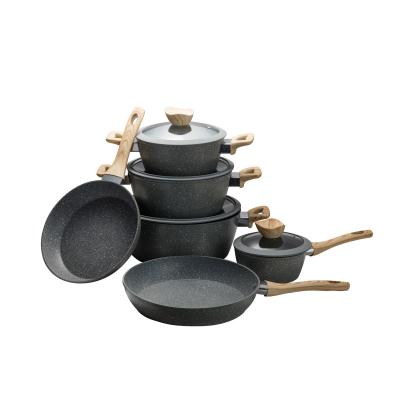 China Durable Aluminum Alloy Hotel Forged Marble Stick Cookware Non Sets 10 Pcs Cooking Pots And Pans With Glass LID for sale