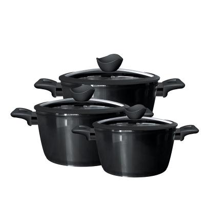 China Sustainable manufacture forged 6 pcs hotel kitchenware sets cookware with soft handle aluminum alloy non stick casserole pots with glass lid for sale